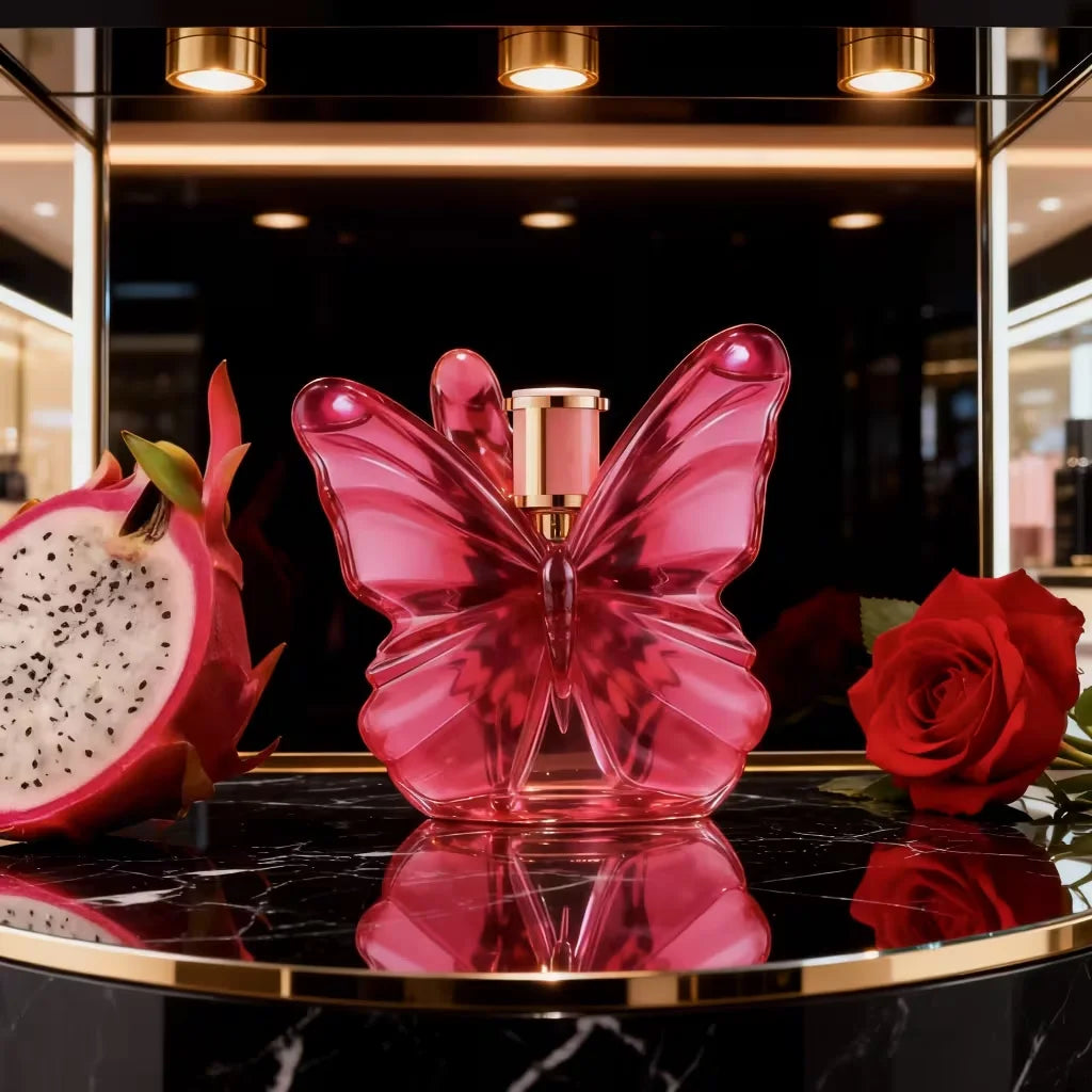 LA Bom. b.A 2.7oz perfume, fresh flower and fruit fragrance, dragon fruit integration, unique butterfly design
