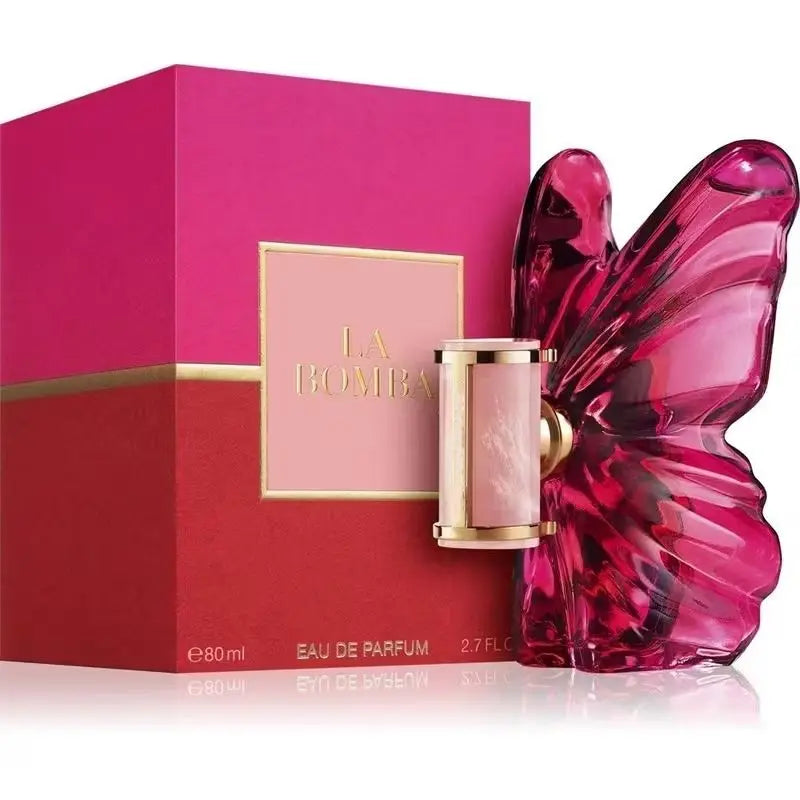 LA Bom. b.A 2.7oz perfume, fresh flower and fruit fragrance, dragon fruit integration, unique butterfly design