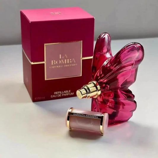 LA Bom. b.A 2.7oz perfume, fresh flower and fruit fragrance, dragon fruit integration, unique butterfly design