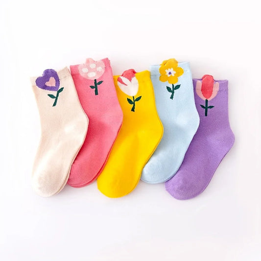 Cartoon Flower Pattern 5 Pairs Girls