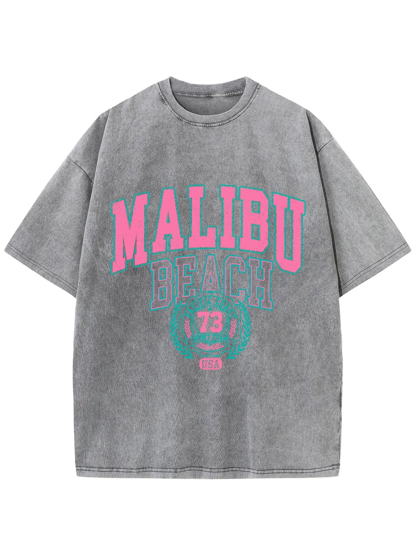 Malibu Beach Washed T-Shirt Women Letter Printing