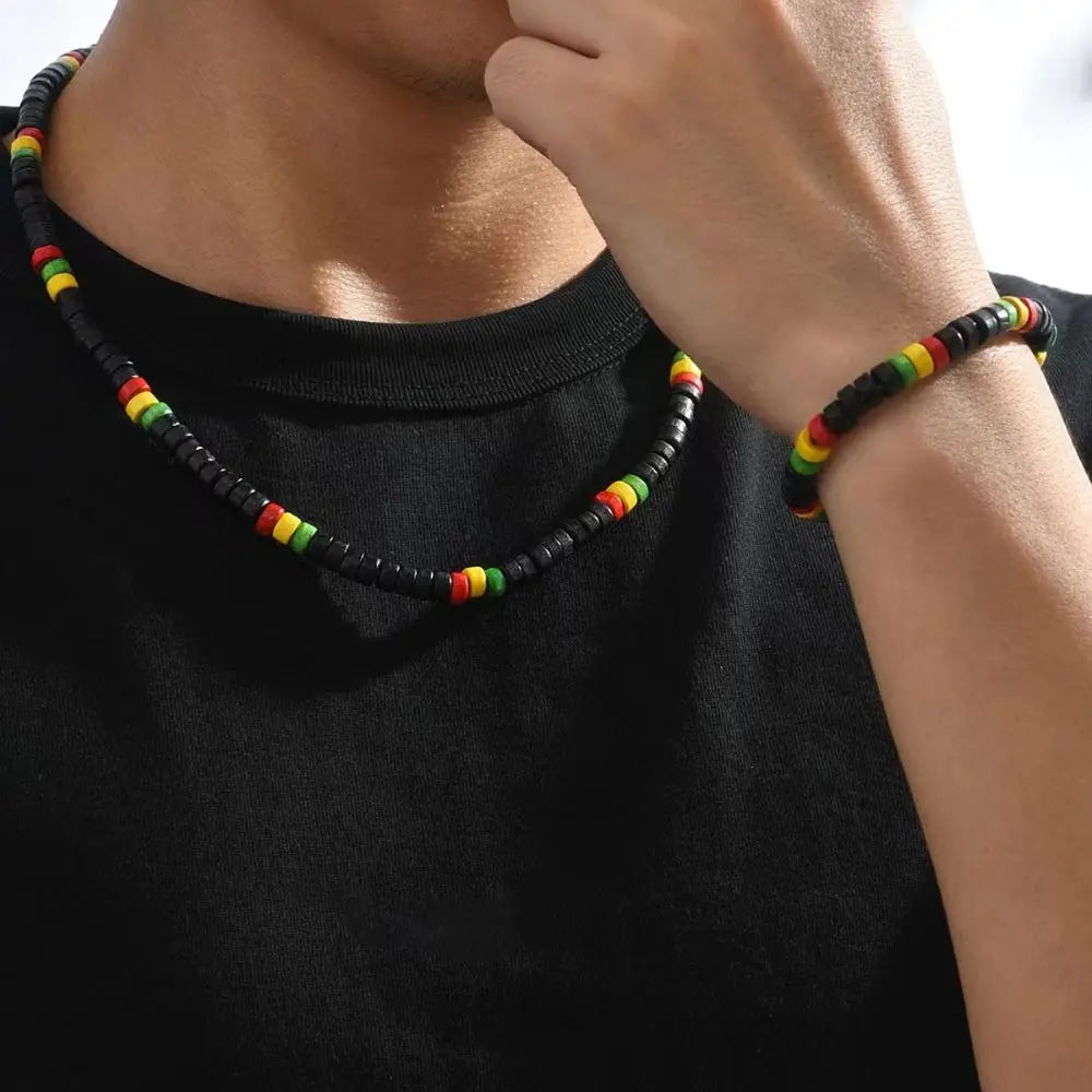 Red Yellow Green Black Rasta Reggae Necklace and Bracelet Jewelry Set