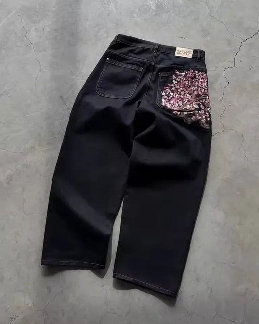 Vintage Hip Hop Cherry Blossom Embroidered Jeans  Wide Leg