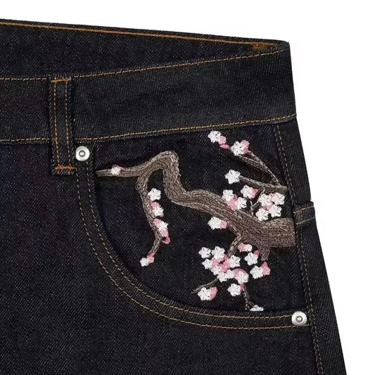 Vintage Hip Hop Cherry Blossom Embroidered Jeans  Wide Leg