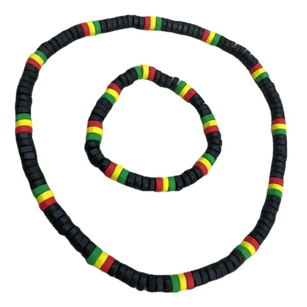 Red Yellow Green Black Rasta Reggae Necklace and Bracelet Jewelry Set