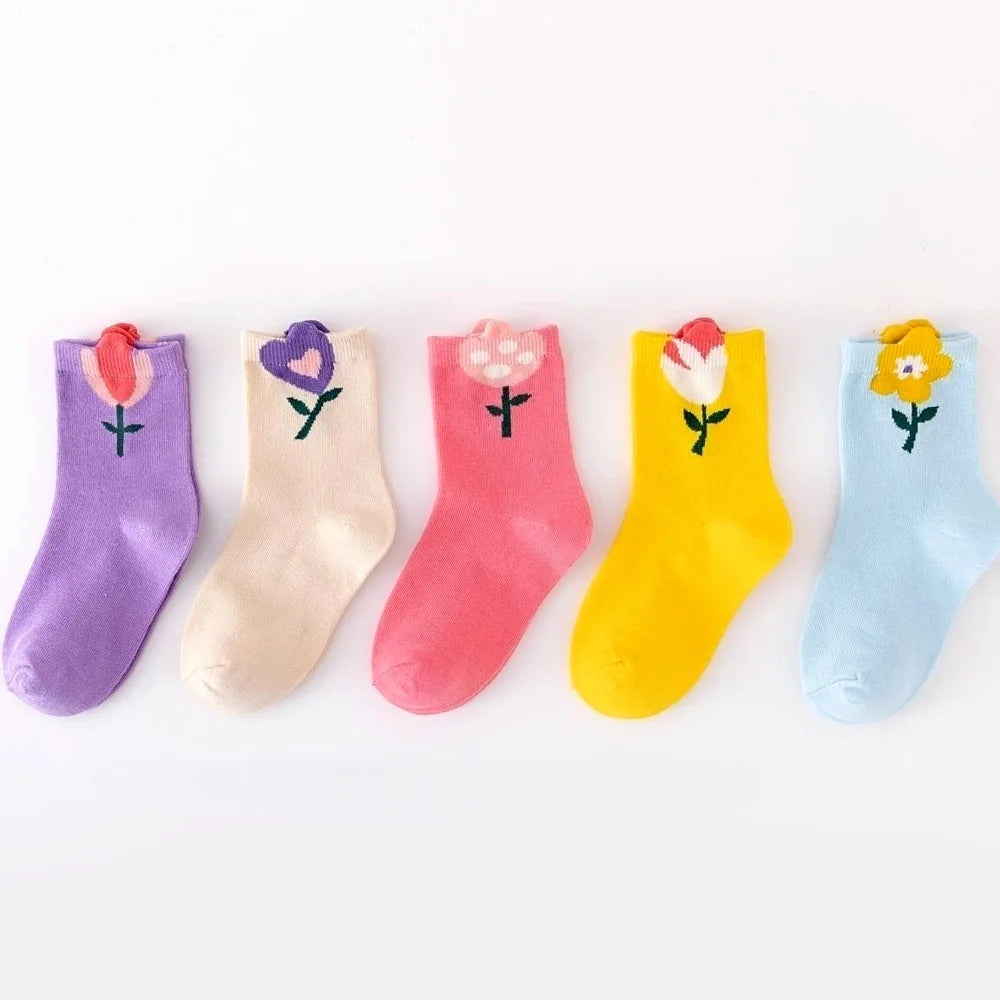 Cartoon Flower Pattern 5 Pairs Girls