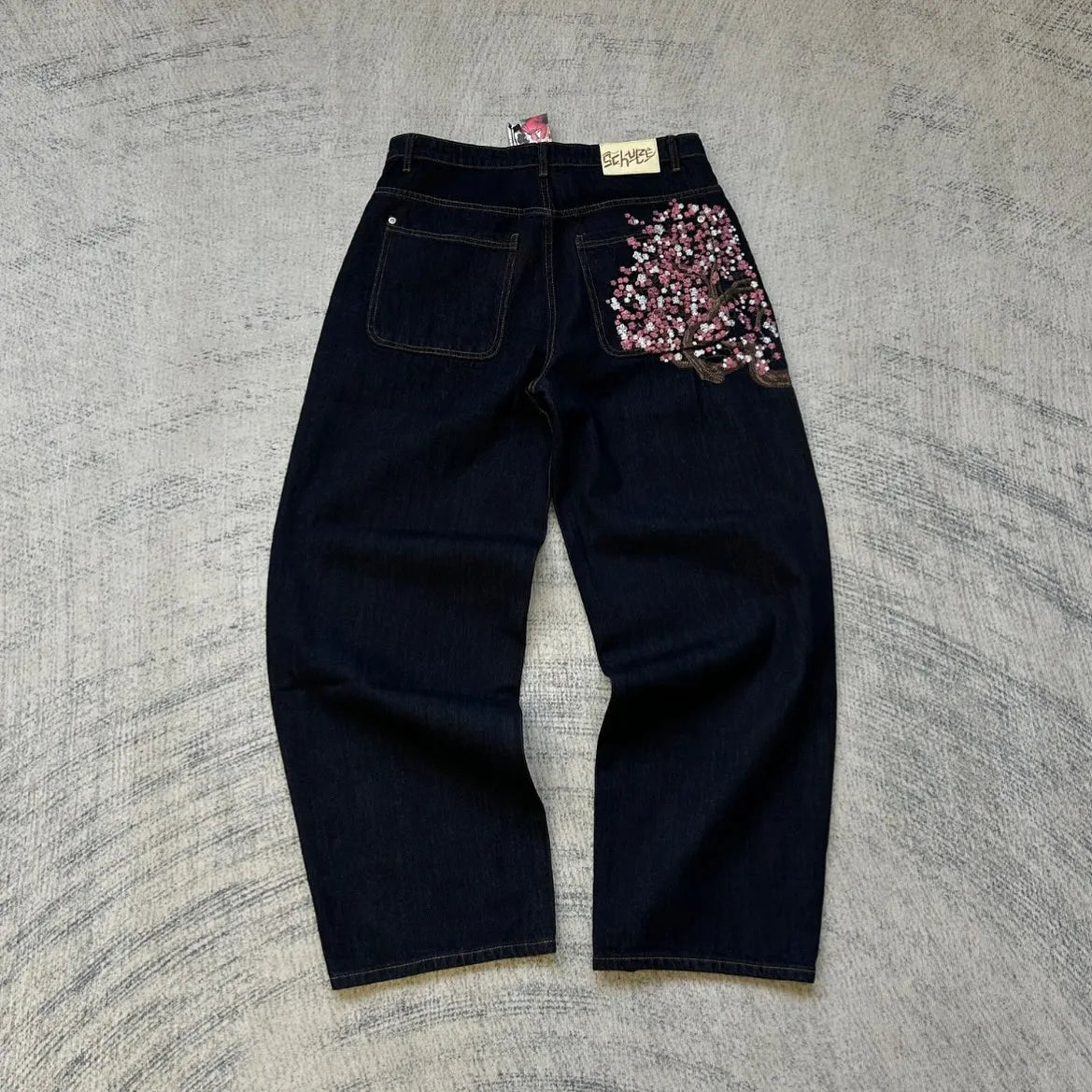 Vintage Hip Hop Cherry Blossom Embroidered Jeans  Wide Leg