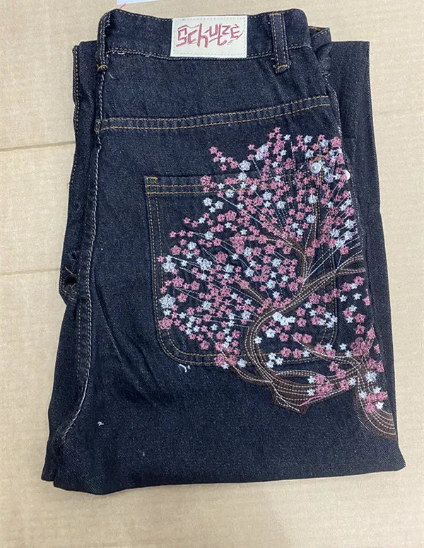 Vintage Hip Hop Cherry Blossom Embroidered Jeans  Wide Leg