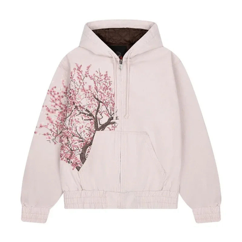 Harajuku Plum Tree Oversized Pink Zipper Hoodies Women