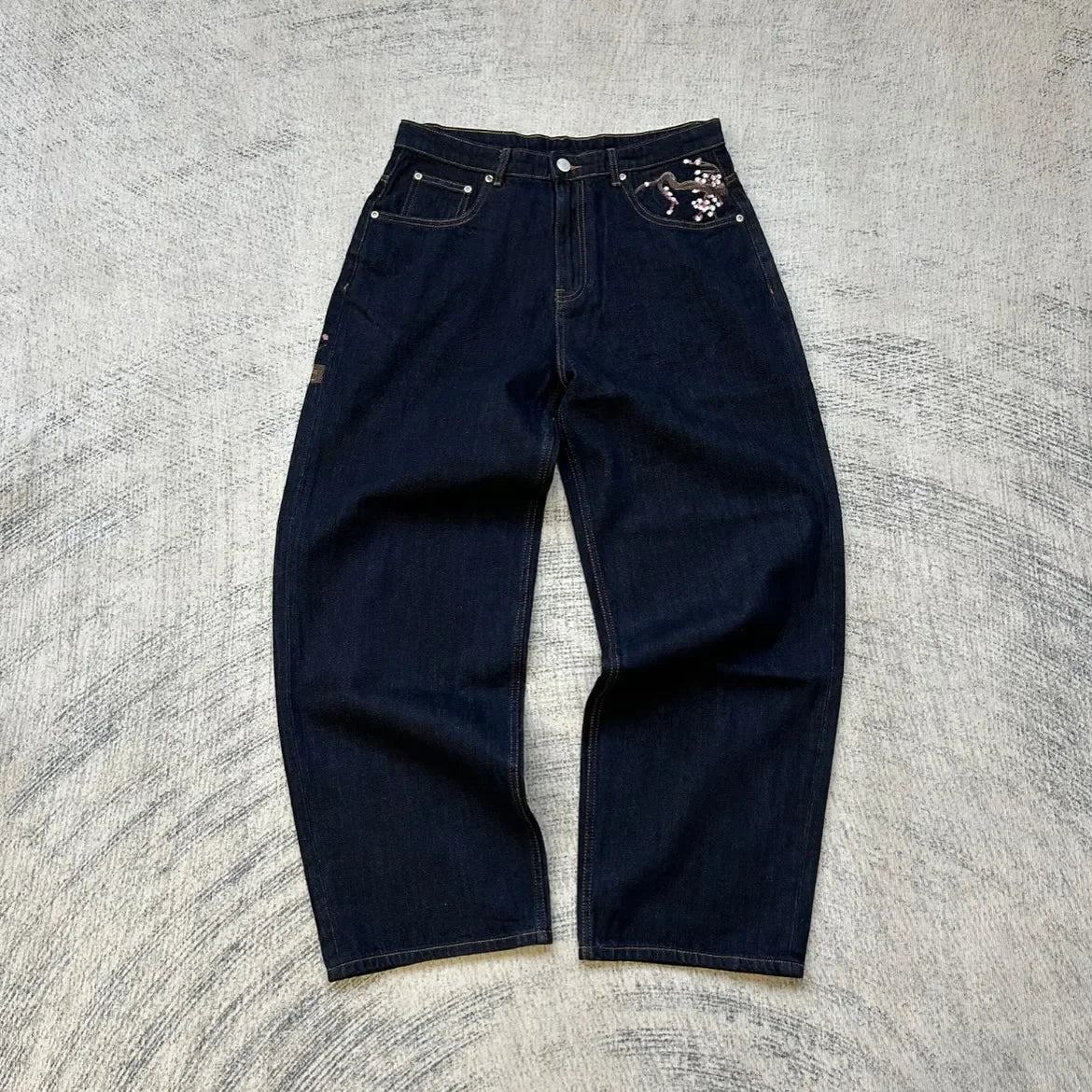 Vintage Hip Hop Cherry Blossom Embroidered Jeans  Wide Leg