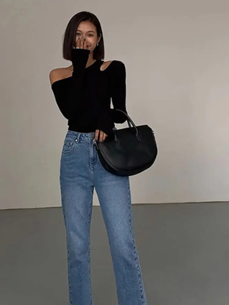 Fashion Skew Collar Off-shoulder Long-sleeved T-shirts