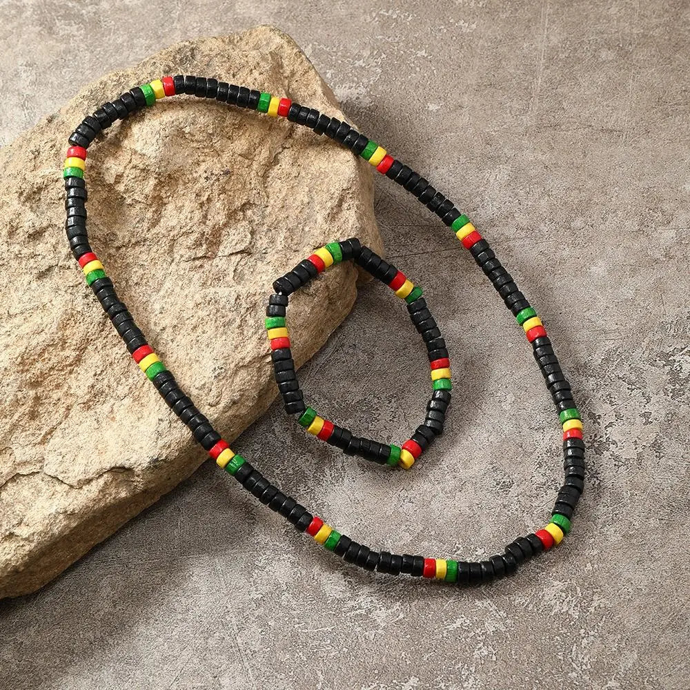 Red Yellow Green Black Rasta Reggae Necklace and Bracelet Jewelry Set
