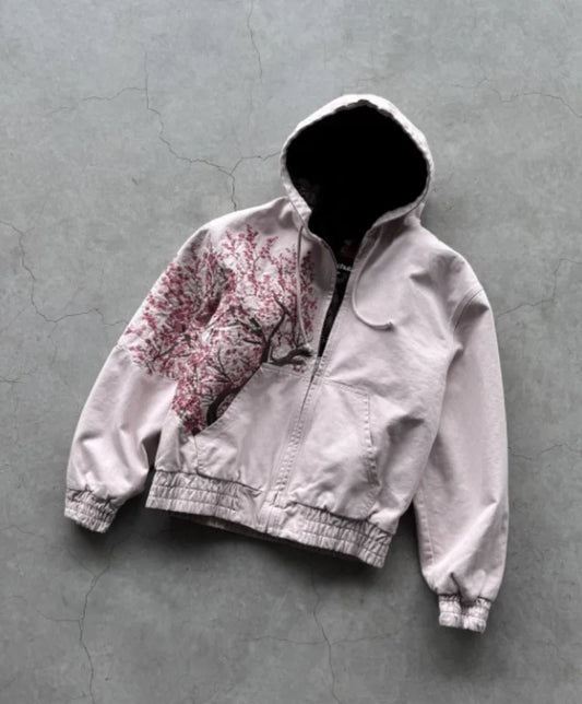 Harajuku Plum Tree Oversized Pink Zipper Hoodies Women
