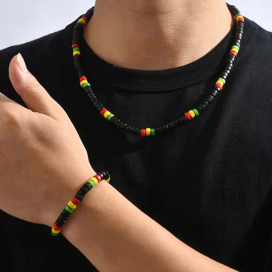 Red Yellow Green Black Rasta Reggae Necklace and Bracelet Jewelry Set