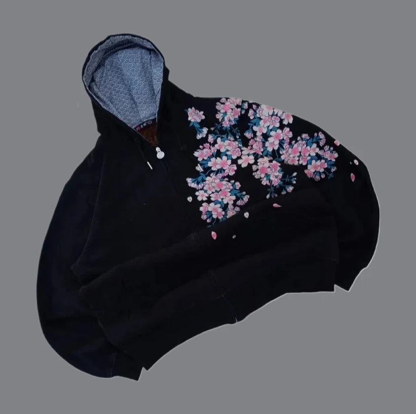 Harajuku Plum Tree Oversized Pink Zipper Hoodies Women