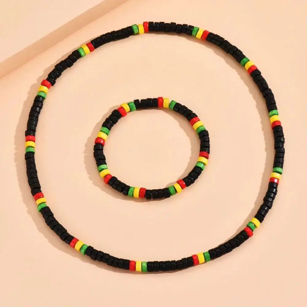 Red Yellow Green Black Rasta Reggae Necklace and Bracelet Jewelry Set