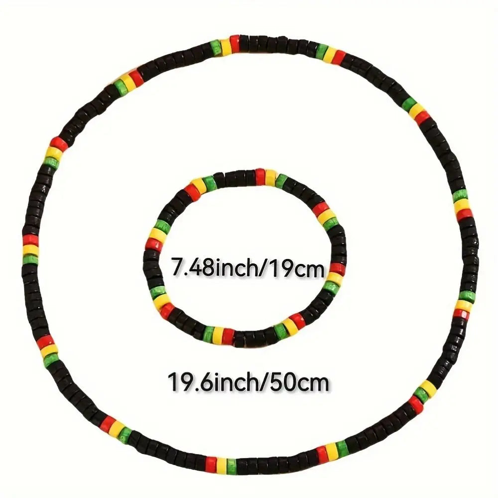 Red Yellow Green Black Rasta Reggae Necklace and Bracelet Jewelry Set