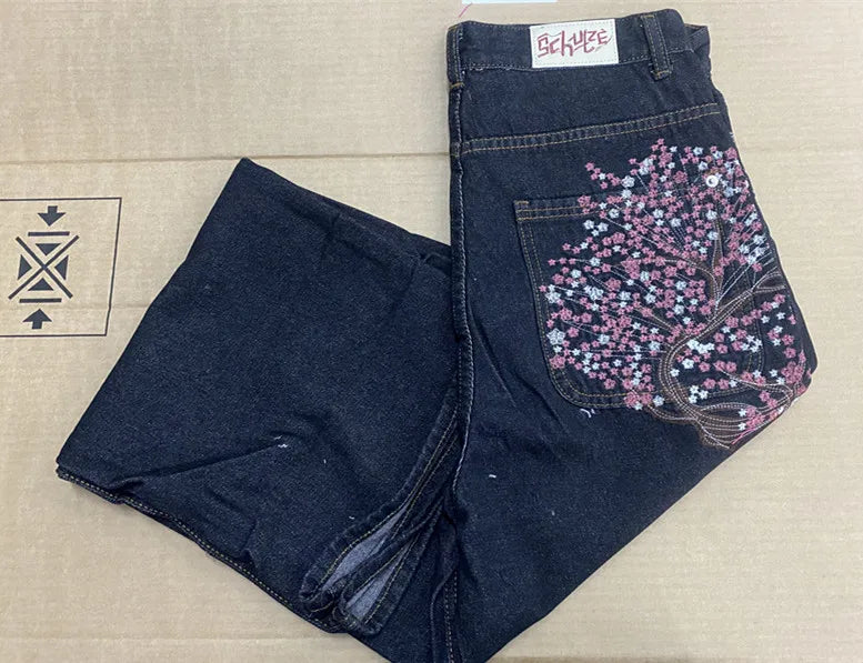 Vintage Hip Hop Cherry Blossom Embroidered Jeans  Wide Leg