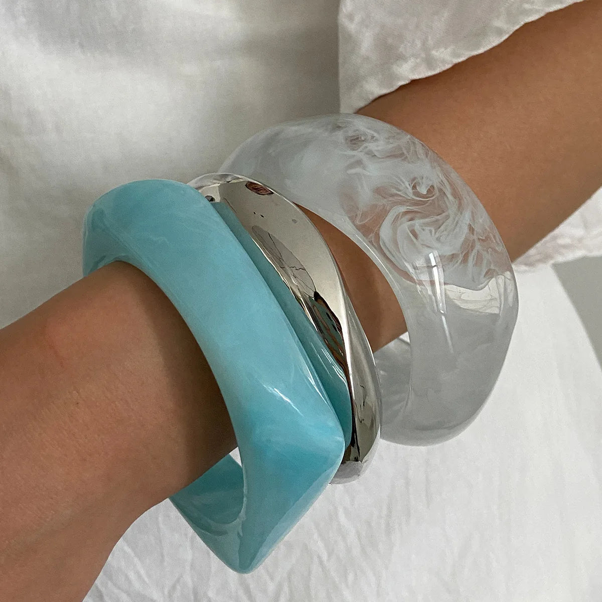 Boho Light Blue Acrylic Resin Chunky Bangles ﻿
