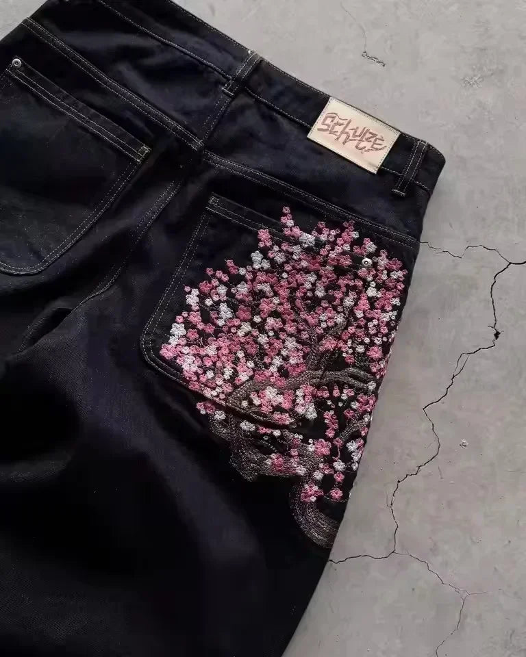 Vintage Hip Hop Cherry Blossom Embroidered Jeans  Wide Leg